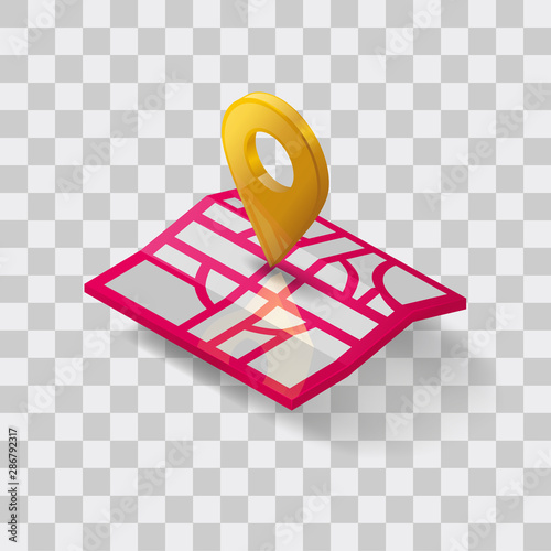 Vector navigation pin on the map in colorful isometric 3d style isolated. Destination symbol usable for web site design, logo, app, UI, posters. Vector illustration, EPS10. 