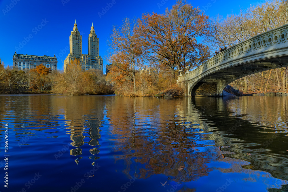 Bow Bridge in Central Park, New York in fall with Manhattan buildings in background and fallen leaves in the foreground