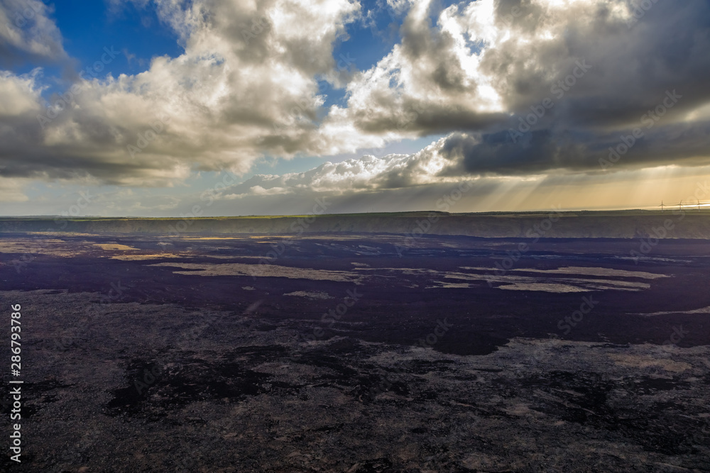 Aerial view of recent lava fields near South Point Park on the big island of Hawaii