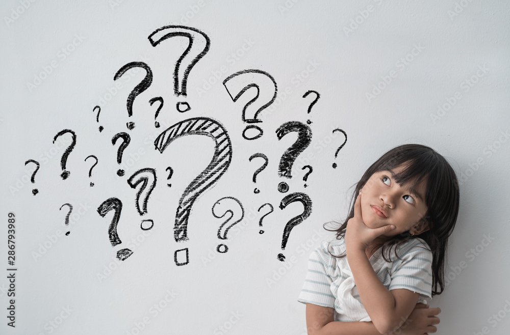 asian little girl thinking with question mark in isolated background asian little girl thinking with question mark in isolated background