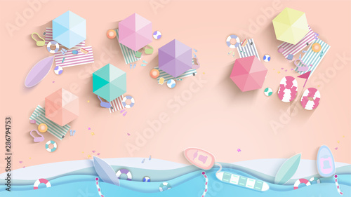 top view beach background and sea. summer beach in paper craft style.