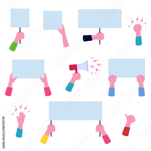 Hands with protests placard. Blank vote placards. Vector illustration.