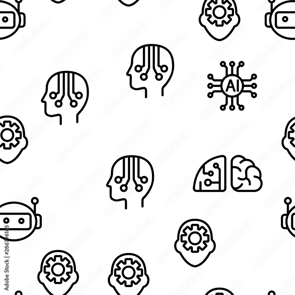 Artificial Intelligence Elements Vector Seamless Pattern Contour Illustration