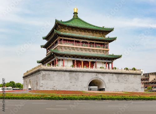 Historical and ancient Bell Tower of Xi'an or Xian, China under blue sky. Landmark and center of Xi'an
