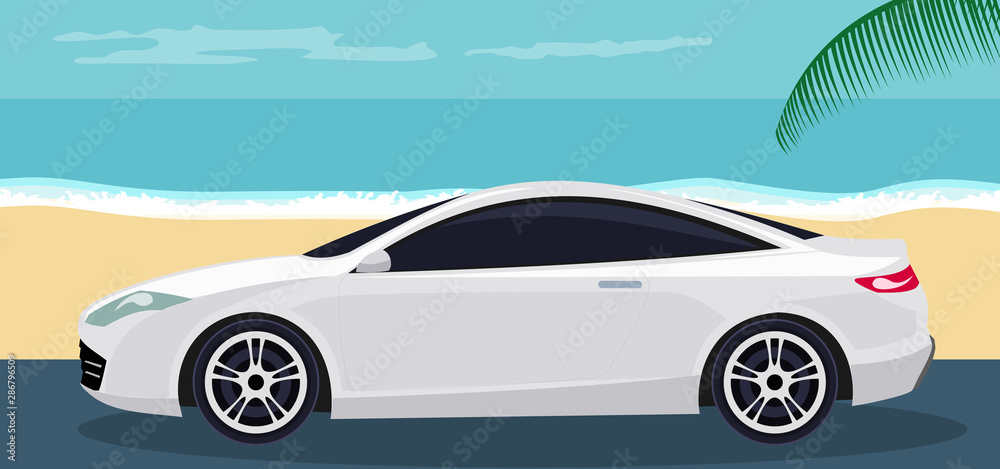 Naklejka premium Background of luxurious white sports car on the beach