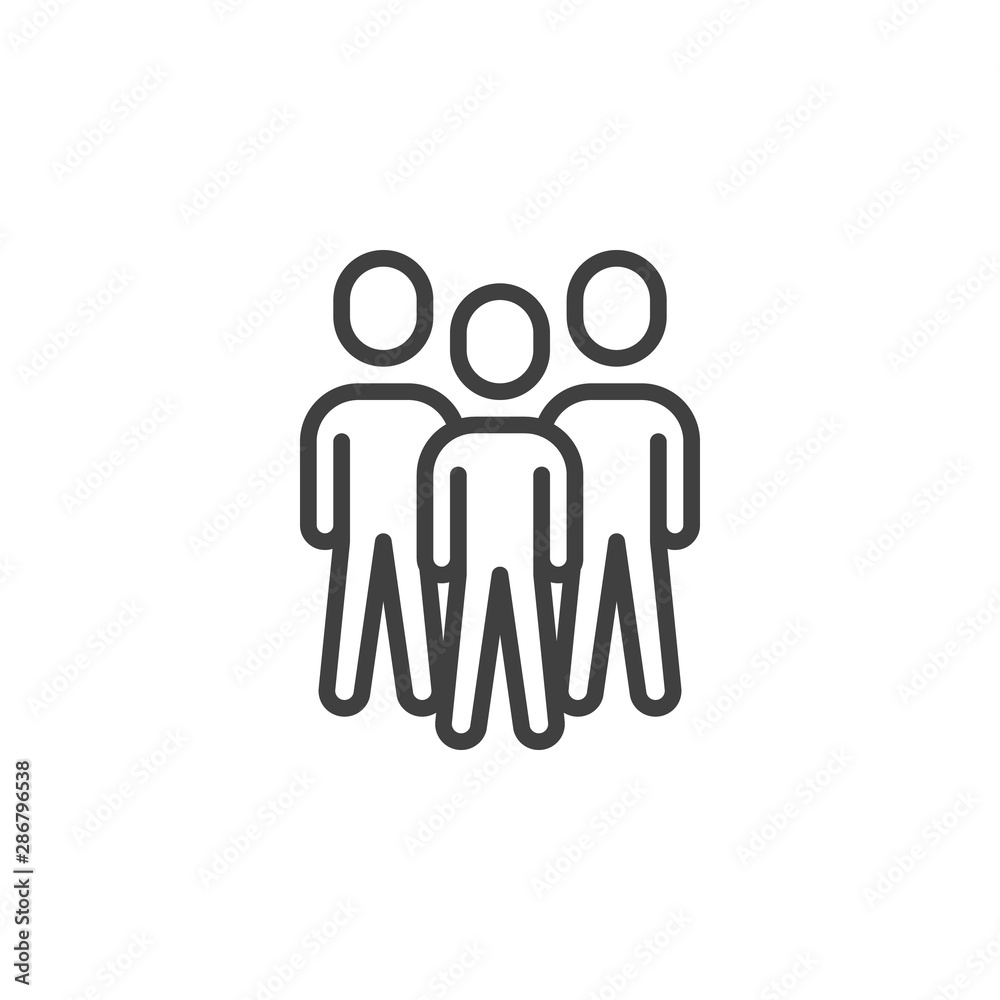 Group of three people line icon. Teamwork staff linear style sign for mobile concept and web design. People crowd outline vector icon. Symbol, logo illustration. Vector graphics Group of three people line icon. Teamwork staff linear style sign for mobile concept and web design. People crowd outline vector icon. Symbol, logo illustration. Vector graphics