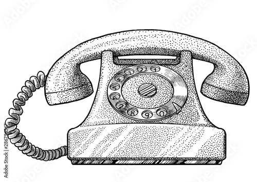 Retro telephone illustration, drawing, engraving, ink, line art, vector