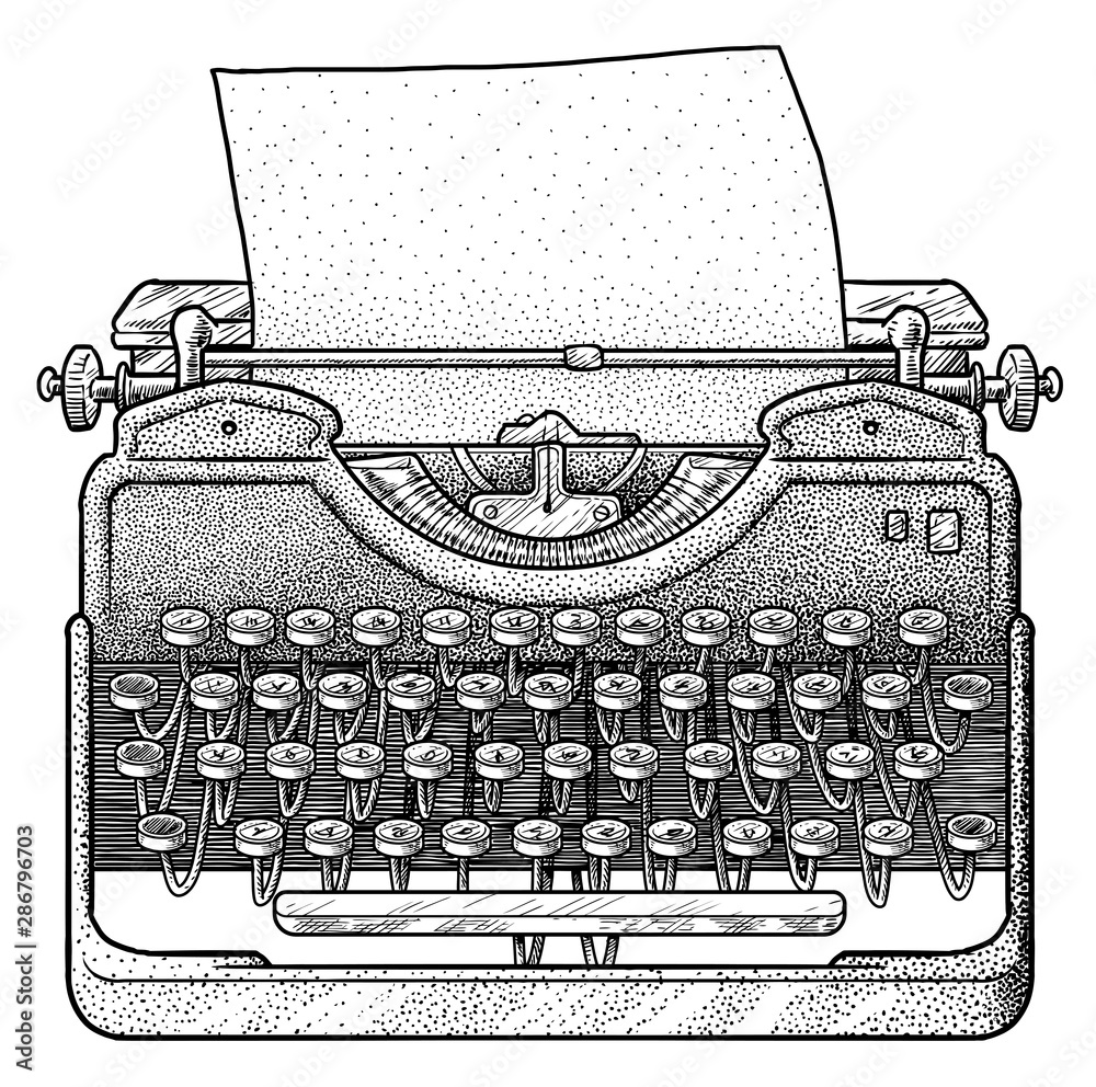 Vintage typewriter illustration, drawing, engraving, ink, line art, vector