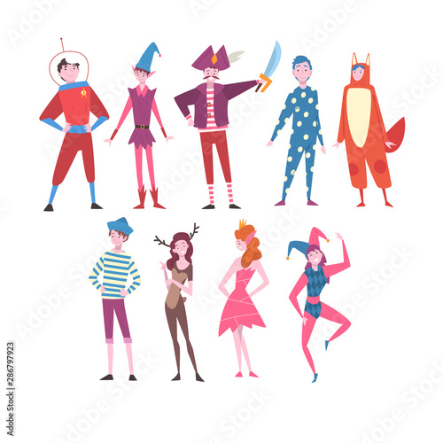 Happy People in Festival Costumes Set, Person Taking Part at Carnival Party, Masquerade Ball or Holiday Celebration Vector Illustration