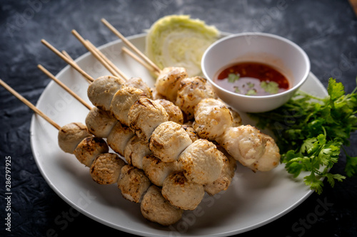 Meatballs on skewers , Grilled Meatballs with Spicy Sauce