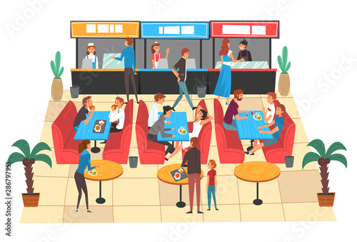People Eating in Food Court in Shopping Mall, People Buying Fast Food and Drinks Vector Illustration
