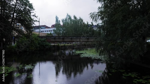 Lightly Handheld Wide Shot of The Viskan Stream in Borås Sweden on a Grey Cloudy Afternoon photo