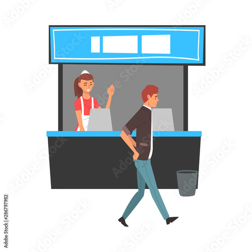Food Court in Shopping Mall or Business Center, Fast Food Restaurant Worker Vector Illustration
