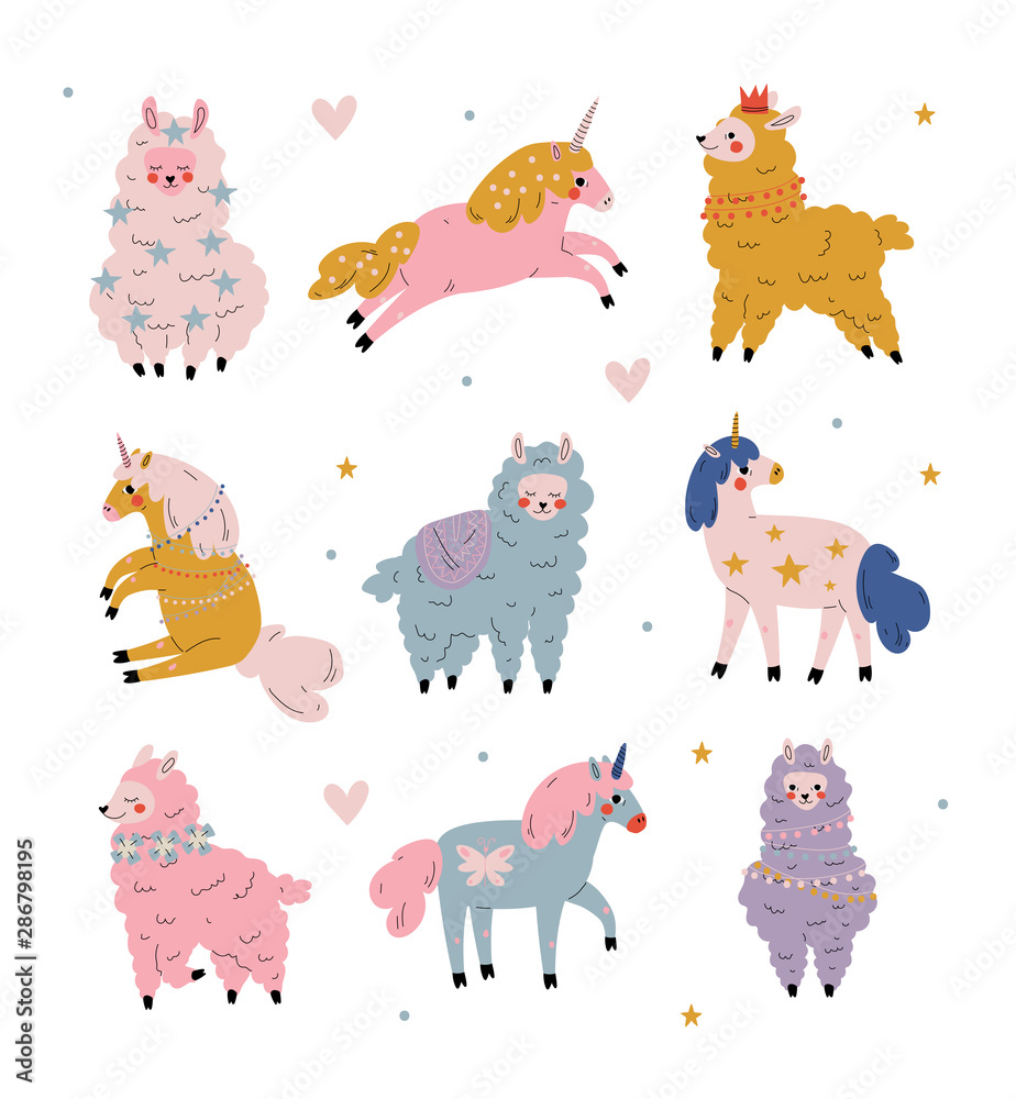 Naklejka premium Cute Llamas and Unicorns Set, Adorable Animals Characters Vector Illustration