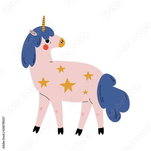 Cute Uncorn, Adorable White Fantasy Animal Character with Blue Tail and Mane Decorated with Stars Vector Illustration photo