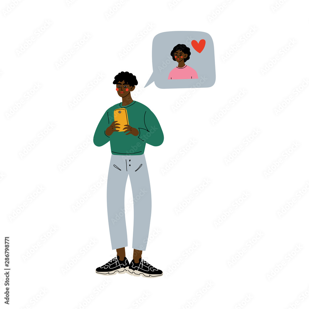 Online Dating, African American Man Sending Romantic Message to His Girlfriend Partner Vector Illustration Online Dating, African American Man Sending Romantic Message to His Girlfriend Partner Vector Illustration