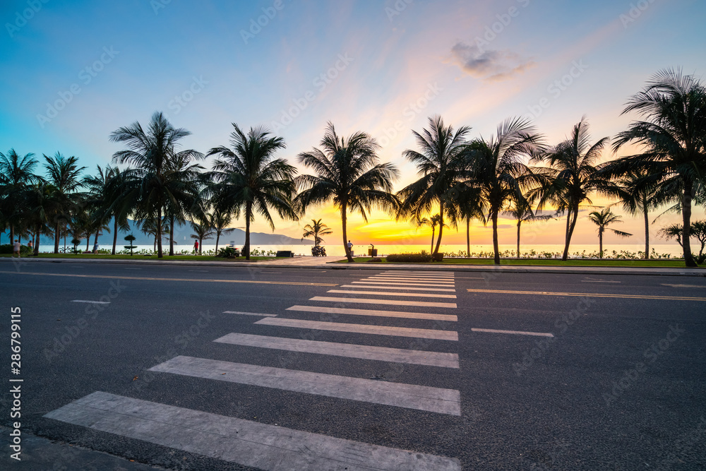 Road crossing with coconut tree line by beach at sunrise