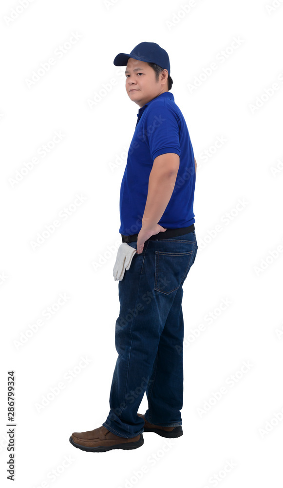 asian delivery man working in blue shirt with Waist bag for equipment isolated white background asian delivery man working in blue shirt with Waist bag for equipment isolated white background