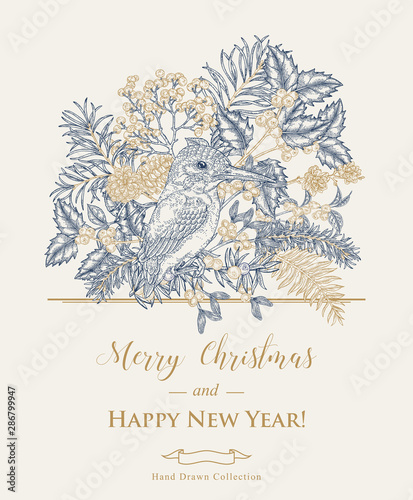 Christmas card with a kingfisher bird and winter plants. Hand drawn king fisher, holly branch, juniper, mistletoe and elderberry. Vector illustration. Vintage engraving style.