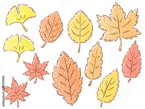 秋の紅葉の手描きイラストセット（色鉛筆風タッチ）