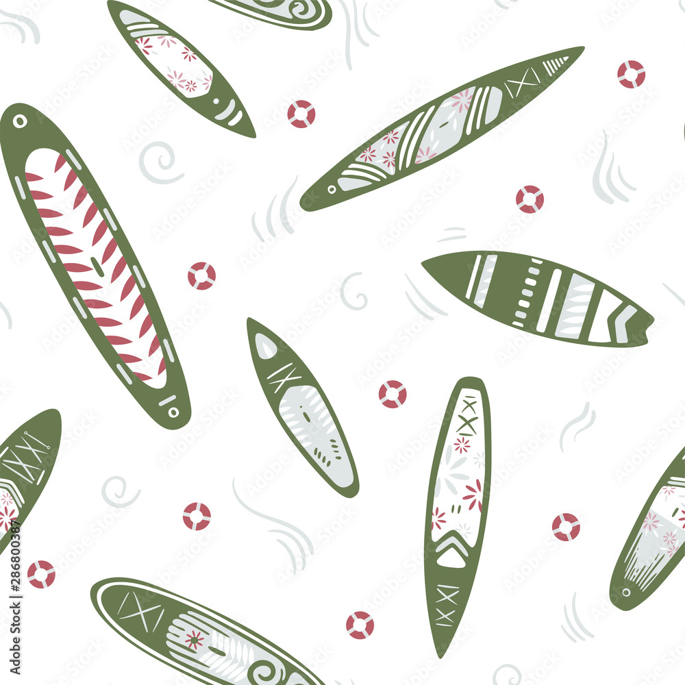 Stand Up Paddle Boarding SUP surfing elements cute seamless pattern vector illustration with supboard, paddle, lifebuoy, waves on a white background.