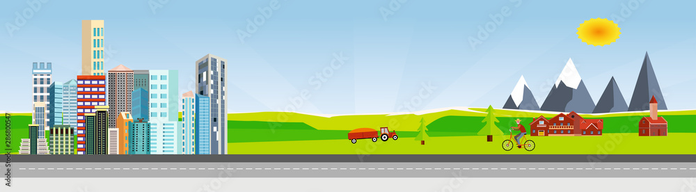 Flat vector illustration of  countryside  landscape urban street with cars, houses , family houses in small town and mountain  in background. Banner horizontal panorama.
