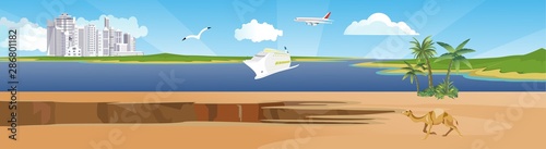 Horizontal web banner and panorama illustration of sea harbour with cruise liner vector