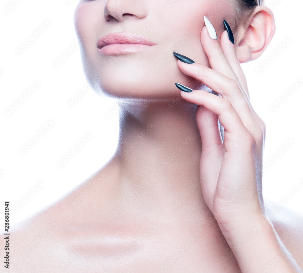 Partial woman portrait with healthy skin. Skincare facial treatment spa body care concept. Isolated. White background