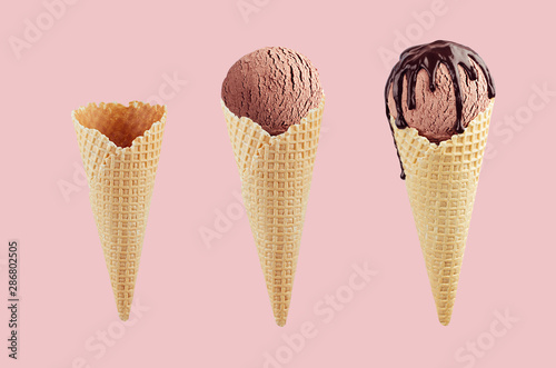 Set of chocolate ice cream cones in  waffle cone - empty, brown ice cream, with chocolate sauce on pink color.