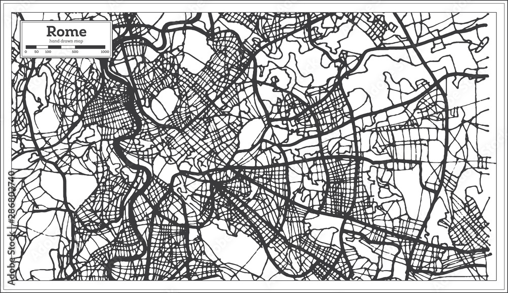 Rome Italy City Map in Black and White Color.