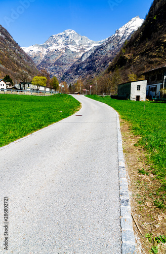 Road and mountain in valley of Sonogno in Locarno Ticino Switzerland