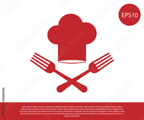 Red Chef hat and crossed fork icon isolated on white background. Cooking symbol. Restaurant menu. Cooks hat. Vector Illustration