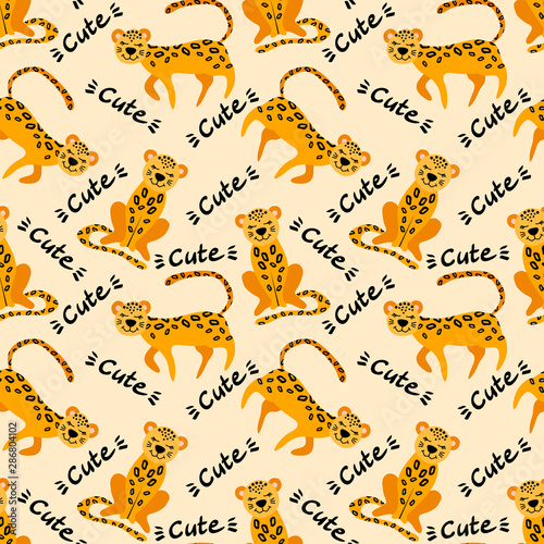 Seamless pattern with cute leopards and lettering