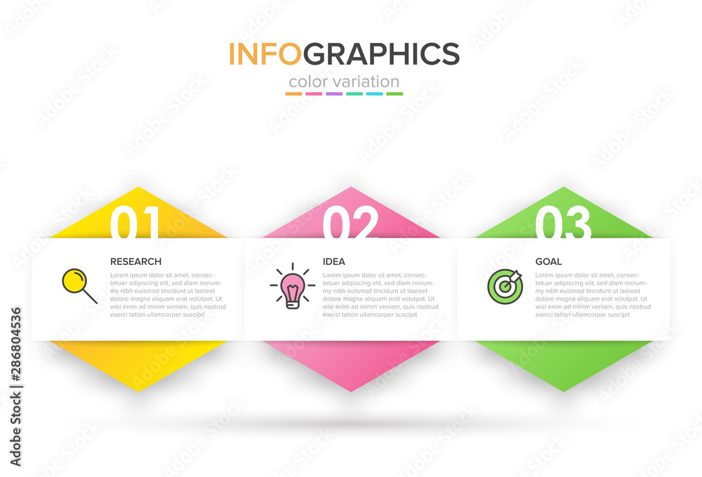Concept of arrow business model with 3 successive steps. Three colorful rectangular elements. Timeline design for brochure, presentation. Infographic design layout. Concept of arrow business model with 3 successive steps. Three colorful rectangular elements. Timeline design for brochure, presentation. Infographic design layout.
