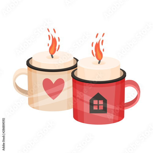 Mugs with candles. Vector illustration on a white background.