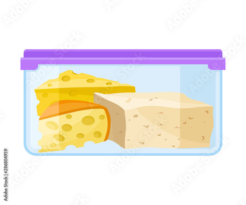 ontainer with cheese under a purple lid. Vector illustration on a white background. photo