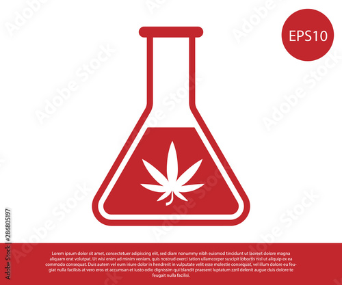 Red Chemical test tube with marijuana or cannabis leaf icon isolated on white background. Research concept. Laboratory CBD oil concept. Vector Illustration