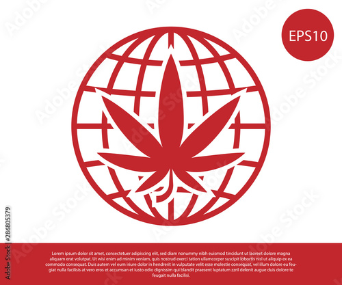 Red Legalize marijuana or cannabis globe symbol icon isolated on white background. Hemp symbol. Vector Illustration
