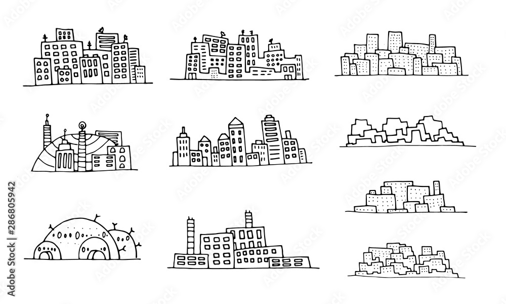 Hand drawn cityscape. Doodle town