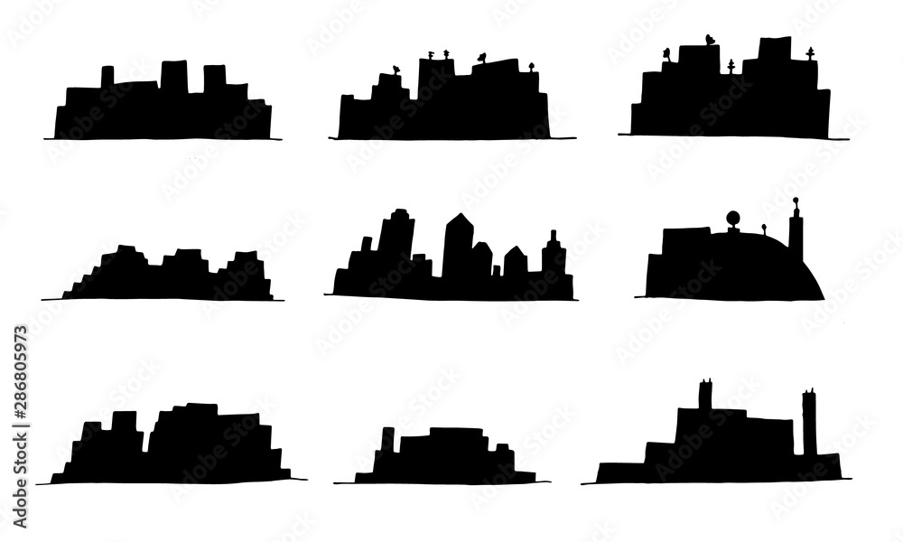 Obraz premium Hand drawn cityscape silhoettes. Doodle town