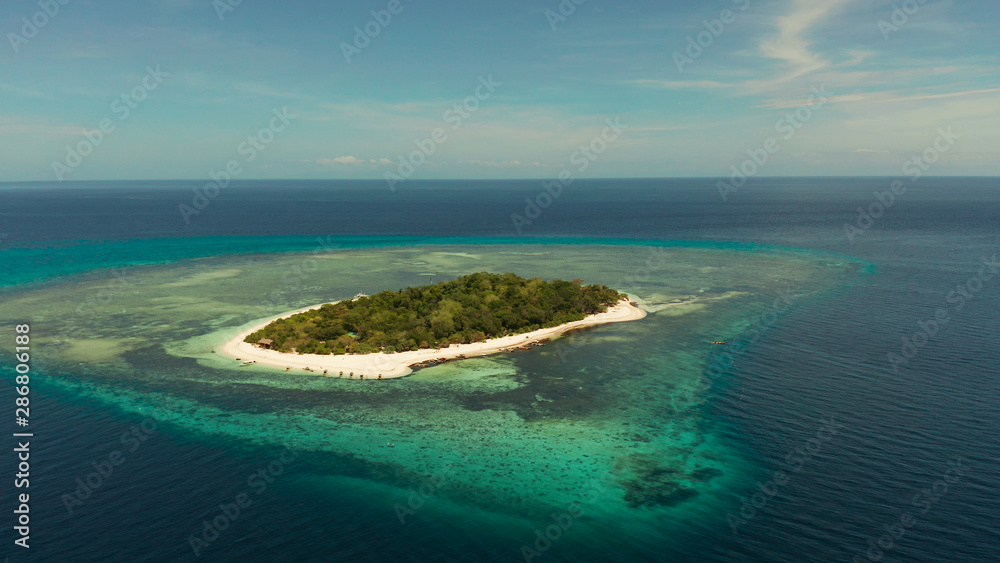 Tropical island with sandy beach with atoll and coral reef, aerial drone. Island on turquoise atoll. Summer and travel vacation concept, Camiguin, Philippines, Mindanao
