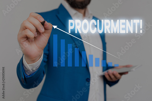 Writing note showing Procurment. Business concept for action of acquiring military equipment and supplies Male wear formal work suit presenting presentation smart device photo
