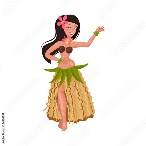 Girl in a traditional Hawaiian costume. Vector illustration on a white background.