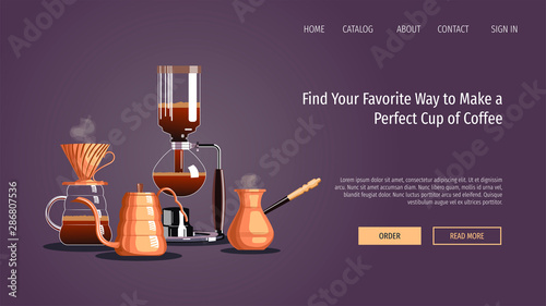 Web page design template for coffee, cafe bar, coffee shop and coffee makers. Pour-over, Turkish coffee, Syphon, Gooseneck kettle. Vector illustration for poster, banner and website.