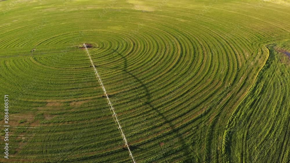 Looking Down on Farm Sprayer with Circular Patterm in Hay Field - Aerial Drone.
