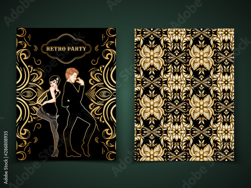 Retro party card template, man and woman dressed in 1920s style dancing, flapper girl, handsome guy, decorative pattern, vector illustration