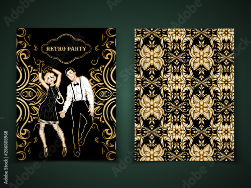 Retro party card template, man and woman dressed in 1920s style dancing, flapper girl, handsome guy, decorative pattern, vector illustration