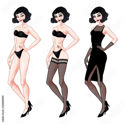 Beautiful young woman, dress up paper doll template, lingerie and evening dress, brunette girl model, vector illustration
