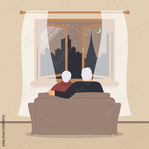 Open wooden window with tulle as design element for interior of room on cream background. Night city scene or cityscape is outside. Pair of seniors sitting hugging and look outside.Vector illustration