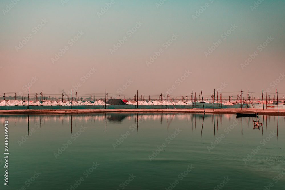 Harbor at dusk, Kumbh Mela, Allahabad, Uttar Pradesh